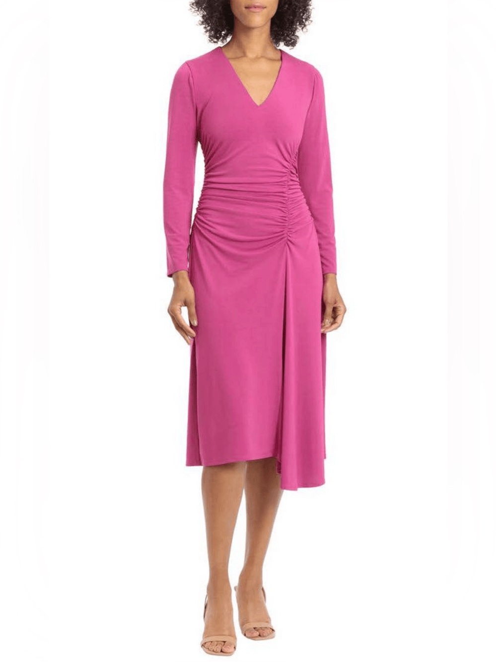 Maggy London Fuchsia V-Neck Ruched Midi Dress